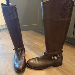 Tory Burch Chocolate Brown Tall Leather Riding Boots with Gold Hardware